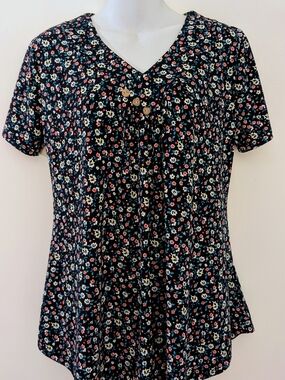 V-Neck Short Sleeve Floral Blouse - Black with Pink & Cream Flowers